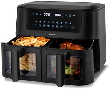 Linsar Dual Zone Heißluftfritteuse mit Doppelkammer, 8L Air Fryer 2 Körben mit Sichtfenster, Touchscreen,9 Presets,Dual Cook, Synchronisieren Fertig Technik, 2570-3040 Watt (Schwarz)