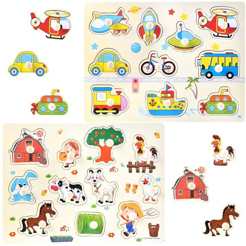 Steckpuzzle Ab 1 Jahr, 2pcs Baby Puzzle, Greifpuzzle Steckpuzzle Holz Baby Bauernhof und Greifpuzzle Fahrzeuge, Holzpuzzle 1,2,3,4 Jahr, Montessori Lernspielzeug, für Baby Junge Mädchen Geschenk