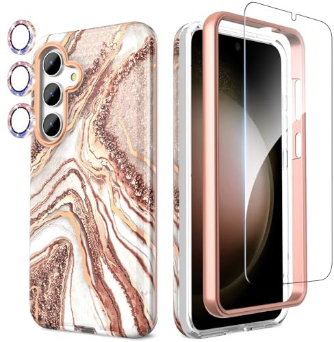 SHEDEER for Samsung S24 Case with Screen Protector + Bumper & Camera Protector, TPU Shockproof 360° Protection, Samsung Galaxy S24 Case Glossy Fade-Resistant Pattern Phone Case S24, Rosegold