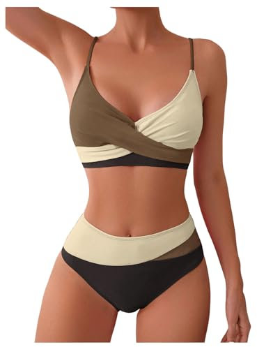 GORGLITTER Bikini Damen Set Bauchweg Sexy Wickel Bikini Farbblock Bikini Mit Kreuzgurt Zweiteiler Badeanzug Bademode Braun M