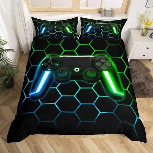 Tabeskly Boy Black Green Gaming Bedding Duvet Cover Set Double, Kids Gamepad Gamer Soft Zipper Childrens Full Bed 3 Piece Quilt Covers and Pillowcases 200×200cm