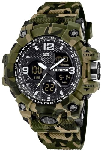 Calypso Orologio Digitale Analogico Uomo Gomma Verde - Quarzo, 5 ATM, Data, Cronografo, Doppio Fuso, Luce, Allarme, 12/24 h - K5855/3 X-Trem