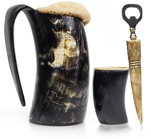 HORNART - Handcrafted Vikings Horn Mugs For Beer, Viking Drinking Coffe Mug, Ox Horn Mugs For Men, 3 pcs Set Horn Mug, Shot Glass, Opener - Gift for Men Large Vikings Drinking Horn Mug (Simple)