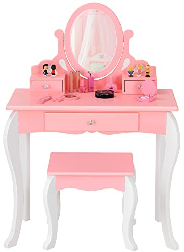 COSTWAY Kids Dressing Table and Stool Set, Girls Vanity Table with 360° Rotating Mirror, Detachable Top and 3 Drawers, Cute Make Up Pretend Dresser Desk for 3 Years Old+ (White Leg)