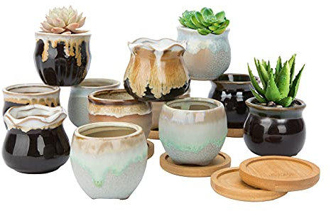 FORAGIFT Maceta de cerámica para suculentas de 6,5 cm, macetas de cactus para plantas de interior y exterior, maceta pequeña esmaltada con drenaje y bandeja de bambú, ideal para decoración del hogar