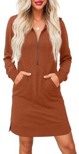 PrinStory Jumper Dress for Women UK Long Sleeve Half Zip V Neck Sweatshirt Dress with Side Pockets Casual Polo Jumper Sweatshirt (Caramel, L)
