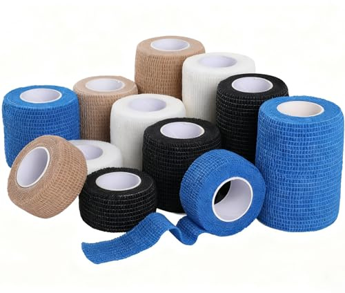 WD&CD 12 Rolls Banda Venda Cinta Bendaje Adhesiva Deportiva Tape, 3 Tamaños Cinta Deportiva, Cinta Autoadhesiva con Fuerza Adhesiva Extra Fuerte, No Irrita la Piel, 4 Colors, 2 Size