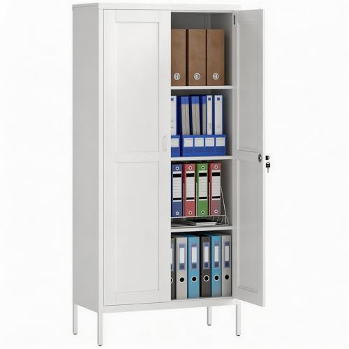 HOMCOM Armadio Portadocumenti a 2 Ante in Acciaio, Schedario da Ufficio con Ripiani Regolabile e Serratura, Mobiletto Multiuso Portaoggetti, per Ufficio Studio Casa, 80x40x175 cm, Bianco