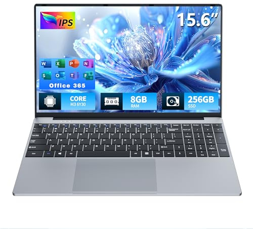 Ordenador Portátil 15.6 Full HD IPS, Core M3 6Y30 hasta 2.2GHz, 8GB DDR3 RAM 256GB SSD, PC Portátil Delgada con Win 11 y Office 365, Laptop Teclado Numérico, Abatible de 180° WiFi 5, Bluetooth 4.2