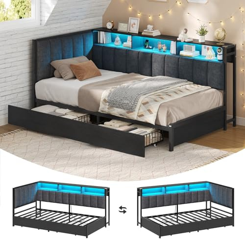 Canapé Lit 90x190 avec 2 Tiroirs, Lit 90x190 à LED avec Multiprise, Tête de Lits Rembourrée et Large avec 3 Compartiments Ouverts, Lit Enfant, Cadre de Lits avec Sommier à Lattes en Métal, Gris