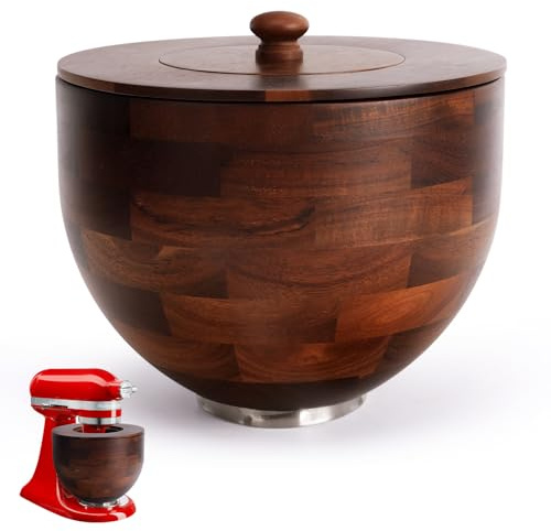 UTJZIB Wood Mixing Bowl Compatible with 4.5-5 Qt Tilt-Head Stand Mixers with Lid Cover - Natural True Acacia Wooden Bowls, 5 Quart Kitchen Aid Bowls for Mixer with Stainless Steel Locking Base.