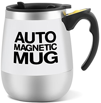 Fdit Tasse de Mélange en Acier Inoxydable Electrique et Catégorie Comestible PP à Double Paroi Tasse à Mélanger Auto-Mélangeur Magnétique(Blanc)