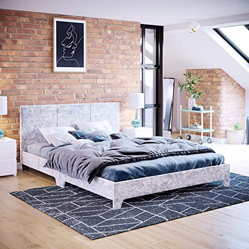 Vida Designs Victoria Bed, Bed Frame Upholstered Fabric Headboard Bedroom Furniture (Double (4 Foot), Silver Velvet) (UKFR Certified)