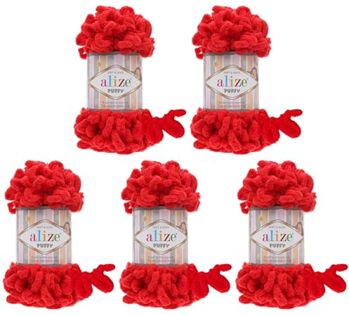 5 x 100 Gramm Strickwolle Alize Puffy, 500 Gramm Fingerstrick - Wolle super bulky, Schlaufenwolle, Stricken ohne Nadel (rot 56)