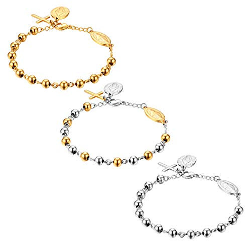JewelryWe Rosenkranz Kreuz Armband Perlenarmband: 3pcs Edelstahl Jungfrau Maria Katholischen Heiligen Gottes Mutter Kreuz Anhänger Perlen Kugelkette Armreif Armkette Religiöse Schmuck Damen Herren