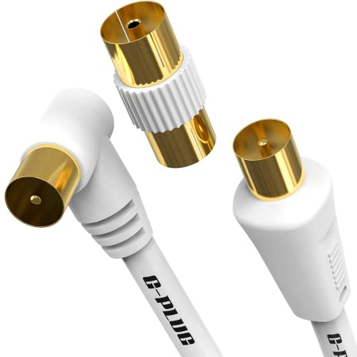 G-PLUG Câble d’Antenne TV 15m Angle Droit – Câble Coaxial Mâle-Mâle avec Adaptateur – Connecteurs RF Plaqués Or – Compatible Satellite, TNT, Décodeur, Sky Box