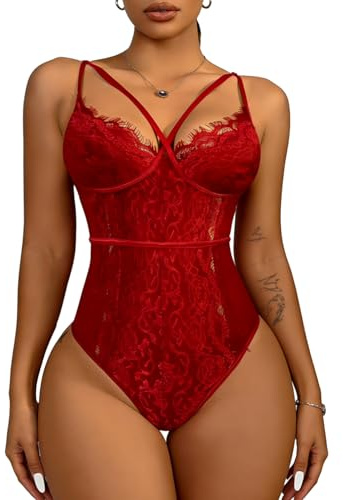 Buitifo Donna Sexy Lingerie Babydoll Body Senza Ferretto Un Pezzo Lingerie Sleepwear Trasparente Camicia da Notte Teddy Scollo a V Biancheria Intima（Red,XL