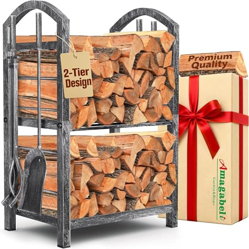 Amagabeli Camino Portalegna con set di attrezzi Portalegna per interni Outdoor Heavy Duty Large Storage Legno in ferro battuto Accessori per camini Vintage Tin Color