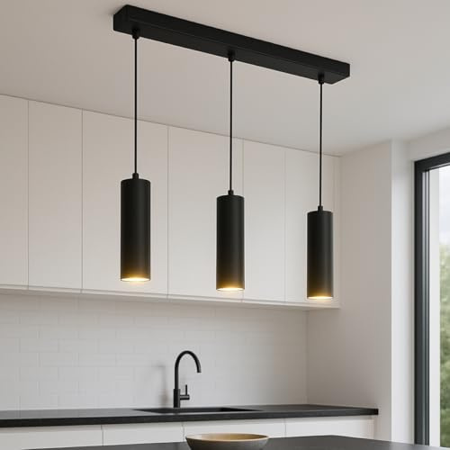 CGC Lighting Black White Triple Three Slim Cylinder Tube Pendant Suspended Ceiling Light Adjustable Kitchen Breakfast Bar Dining Room Lounge Hallway Bedroom (Black)