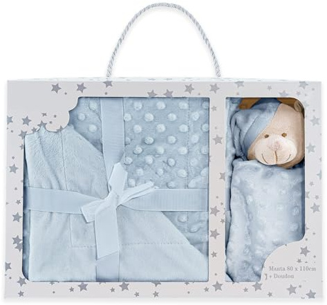 Various Filt Bubbla & Dou Dou Björn Extra filt + doudou Bear Veloured Tact Beary, Baby Gift Set Tvättbar, Relief Textur (Blå)