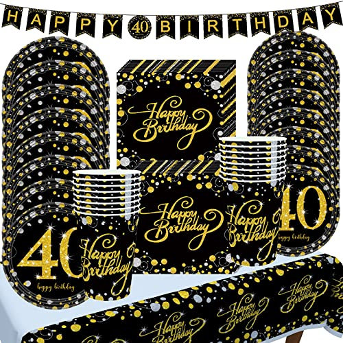 40 Jahre Geschirr Geburtstag Schwarz Gold, Damen Herren Partygeschirr 40 Geburtstag mit Karton Teller, Serviette, Papier, Becher, Tischdecke, Banner, Dekoration für Geburtstagsfeier, Erwachsene, 40
