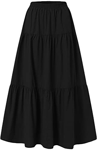 Women's Vintage Elastic Waist A-Line Long Midi Skirt Solid Color Pleated Big Hem Basic Flared Long Skirts (Black, XX-Large)