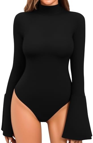 MANGOPOP Bell Sleeve Mock Neck Long Sleeve Bodysuit for Going Out Tops for Women, Black, Large
