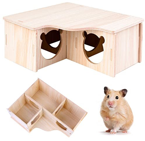 Hamster Eckhaus,Meerschweinchen Haus,Holz Hamsterhaus,3 Kammernnager Haus Hamster-Versteckhaus Holz für Kleine Haustiere Chinchilla Ratte,Zwerghamster, Rennmäuse, Degus,Stachelmäuse