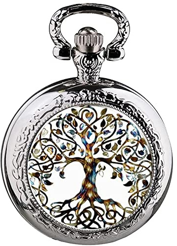 Tiong Retro Quartz Tree of Life Glass Cabochon Design Pocket Watch for Men Women Pocket Watches for Men with Necklace Pendant