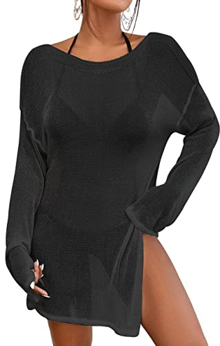 Bsubseach Vestido de Playa para Mujer Top de Ganchillo con Manga Larga Cubrir Traje de baño Ver a Través Negro