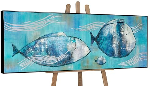 YS-Art Quadri tela acrilica Dipinta a mano pesce da viaggio arte moderna colore blu Pittura acrilica su tela Quadro su tela con cornice 150x50 cm