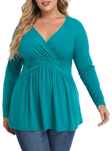 TIANZHU Women's Plus Size Casual Top Stylish Dressy V-Neck Empire Waist Tunic Lightweight Long Sleeve Blouse, Light Green, 4XL