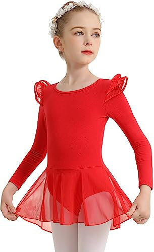 DANSHOW Filles Ballet Justaucorps pour la Danse À Manches Longues Goutte D'eau Dos Creux Jupe En Maille Danse Justaucorps(Bambin/Petite Fille/Grande Fille)(23823-04-S)
