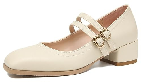 Zapatos Mary-Jane para Mujer con tacón de Bloque bajo y Grueso, Zapatos de Trabajo con Punta Cerrada, Correas Dobles en el Tobillo, Zapatos de tacón con Punta Cuadrada,Beige,39 EU