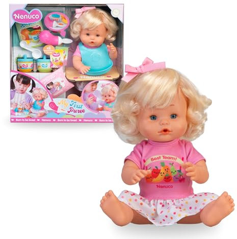 Nenuco - Mi Primera Papilla, Muñeco Bebé de 35 cm y Cuerpo Duro con Pelo Rubio y Accesorios, Prepara la Comidita y Dale su Primera Papilla con su Cuchara Beberón, Niños +3 Años, Famosa (NFN96000)