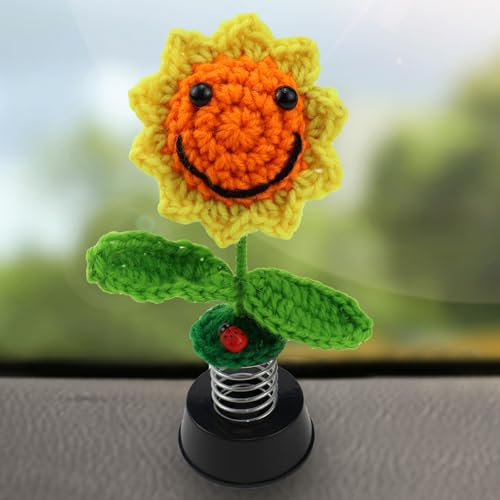 WPPQWP Wackelfigur Blume Auto Deko, Smiley Häkeln Sonnenblume Wackelkopf Figur Auto Deko für Heim, Büro, Armaturenbrett