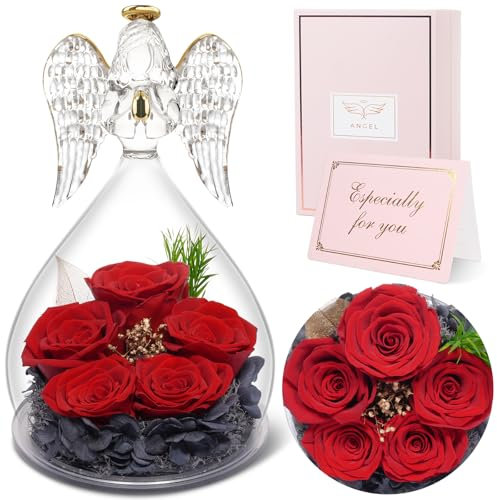 Sunia Ewige Rose Engel Geschenke für Frauen Weihnachten, 5 Ewige Rose im Engel Figur, Geburtstagsgeschenk für Frauen, Geschenke für Mama Oma, Echte Rosen Geschenke, Weihnachten Valentinstag Muttertag
