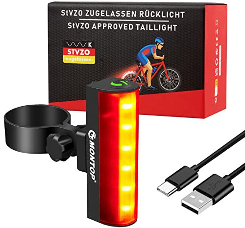MONTOP StVZO - Luz trasera para bicicleta (2 modos, resistente al agua, recargable por USB, 800 mAh, con batería de 800 mAh, gran angular, con 2 soportes)