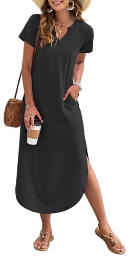 AUSELILY Women's Summer Casual Maxi Dress Short Sleeves V Neck Loose Sundress Split Long Beach Shirt Dress Vacation Black XL