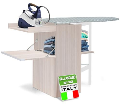Shally Dogan Mobile Asse da Stiro a Scomparsa Salvaspazio Richiudibile, Mobiletto Pieghevole Telaio in Legno per Stiratura Veloce, 4 Ruote per Spostamento, Ideale Lavanderia, Bagno (Olmo)