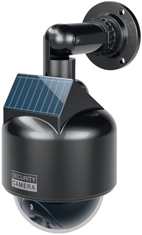 BASI | Solar Kamera-Attrappe mit blinkendem LED-Licht | Dome Kamera | Dummy Kamera | Überwachungskamera für Innen- und geschützten Außenbereich | Solar Panel | 360 Grad Halterung | Schwarz