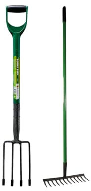 2 Piece Garden Border Digging Fork & Rake Tool - Steel Gardening Soil Pitchfork Farm Set Handle | Cultivating All Types Of Soil | Garden Lawn Rake Tool For Gardening & Planting - 2pc