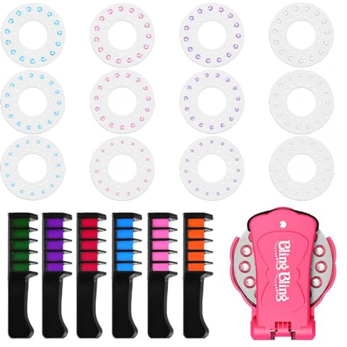 IKOPFLN Brillantini per capelli,Set di timbri per capelli per bambini, + 6 Pettine per tinture per capelli,con pietre scintillanti, strumento per acconciatura rosa con gioielli riutilizzabili