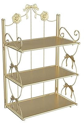BOOMALTU Cute 3-Tier Folding Metal Shelving Bathroom Shelf,Pink Bookshelf with Bow and Flowers Decor for Storage and Display in Living Room, Bathroom, Office, Kitchen (Gold, 3-Tier)