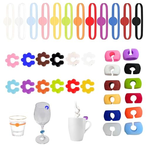 Lyivisk Lot de 36 marqueurs de verre réutilisables en silicone pour verres à vin, champagne et cocktails, verres colorés pour fêtes, mariages et événements de bar