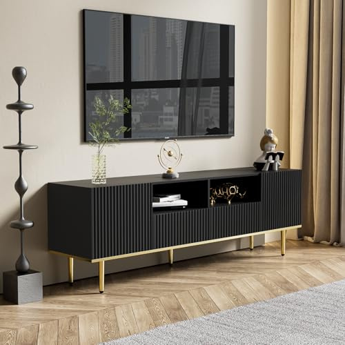 OLIVIBED Mueble de TV con 2 puertas, mesa de televisión con patas de metal doradas, mueble bajo para TV con 2 cajones, para televisores de hasta 65 pulgadas, mesa para dormitorio, 165 x 36 x 55 cm