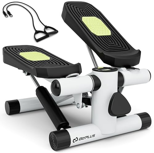 COSTWAY Mini Stepper pour Exercice à la Maison, Machine à Marcher avec Bandes de Résistance Hauteur Réglable et Pédales Antidérapantes, Stepper Hydraulique pour Entraînement Complet du Corps (Blanc)
