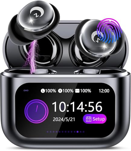 VEKJ Wireless Earbuds with Smart Touch Screen, Mini Sleep Earbuds Bluetooth 5.4 Headphones In Ear with Noise Cancelling Mic, 48H Bass Stereo Ear Buds, 5 EQ Modes/IP7 Waterproof Earphones Deep Black