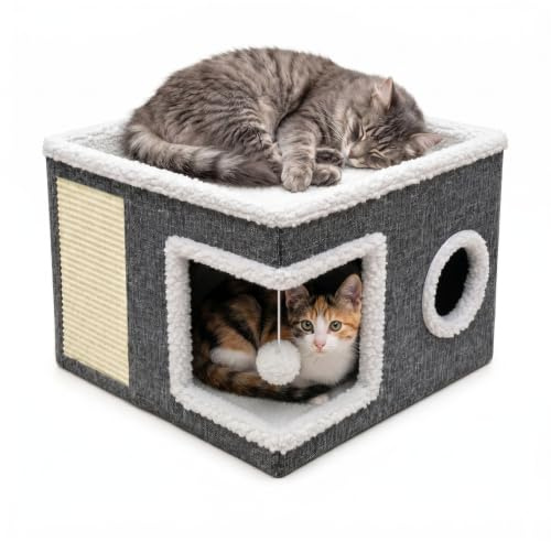 2-in-1 Cat House for Indoor Cats, Large Cat Cave Bed with Durable Scratching Pad and Hanging Ball, Foldable Cat Condo with Reversible Cushion for Small & Medium Pets, Grey