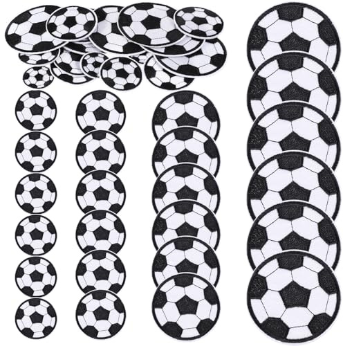 24 st. fotbollslappar att stryka, 4 storlekar, fotboll, tyg, lapp, broderi, fotbollar, broderade lappar för att stryka, broderade stryklappar, boll, strykbilder för textilier, kläder, jeans, väskor